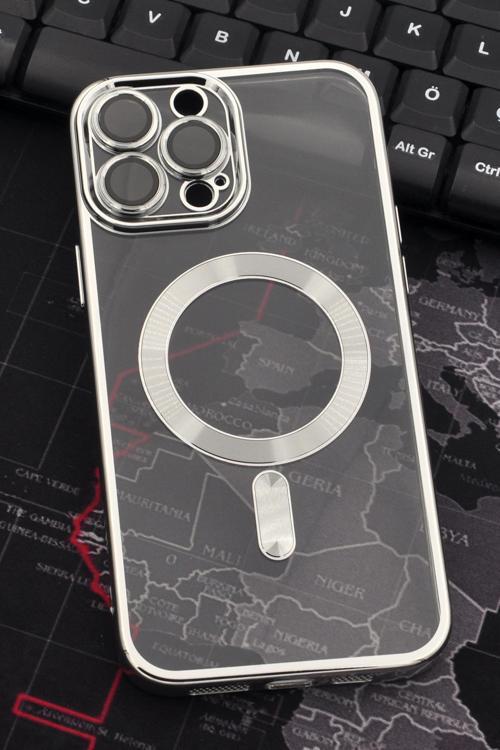 iPhone 13 Pro Max Uyumlu MagSafe Özellikli Gümüş Gri Silver Renkli Kenarlı Lazerli Şeffaf Kılıf Lens Korumalı