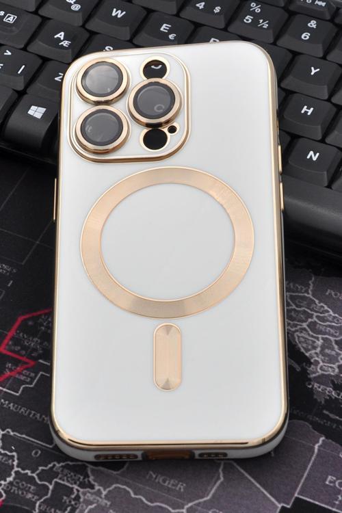 iPhone 13 Pro Max Uyumlu MagSafe Özellikli Lens Korumalı Lazerli Renkli Kılıf Krem