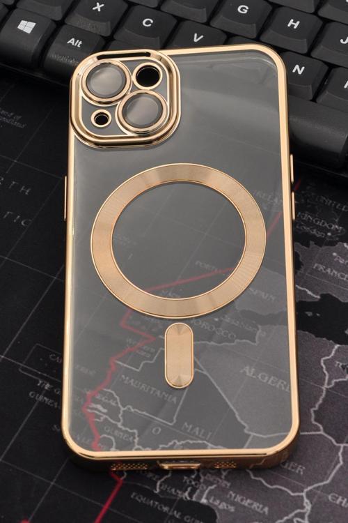 iPhone 13 Uyumlu MagSafe Özellikli Altın Sarı Gold Renkli Kenarlı Lazerli Şeffaf Kılıf Lens Korumalı