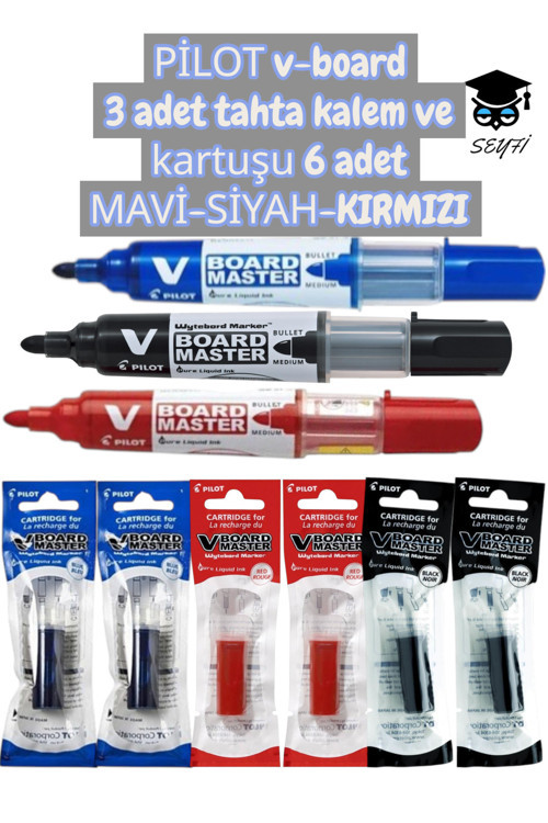 PİLOT v-board 3 adet tahta kalem ve kartuşu 6 adet MAVİ-SİYAH-KIRMIZI
