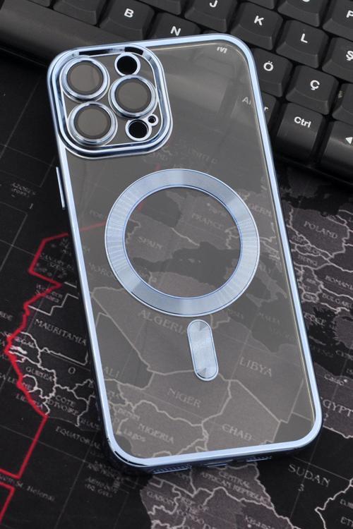iPhone 14 Pro Max Uyumlu MagSafe Özellikli Saks Mavi Renkli Kenarlı Lazerli Şeffaf Kılıf Lens Korumalı