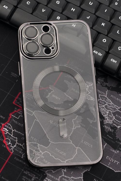 iPhone 14 Pro Max Uyumlu MagSafe Özellikli Siyah Renkli Kenarlı Lazerli Şeffaf Kılıf Lens Korumalı