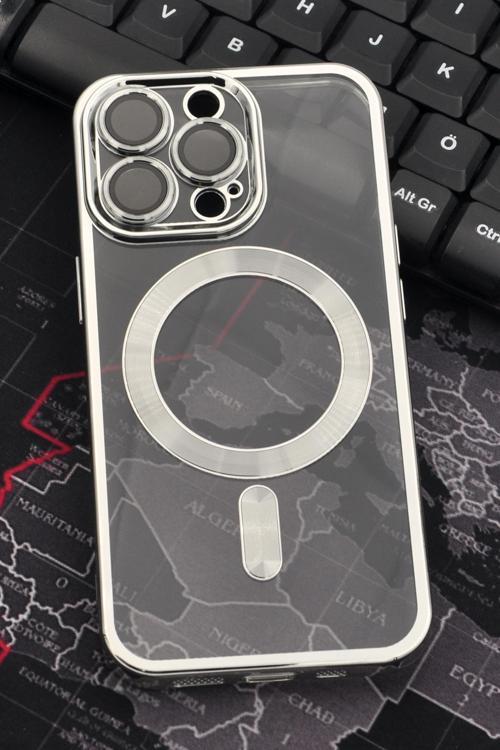 iPhone 14 Pro Uyumlu MagSafe Özellikli Gümüş Gri Silver Renkli Kenarlı Lazerli Şeffaf Kılıf Lens Korumalı
