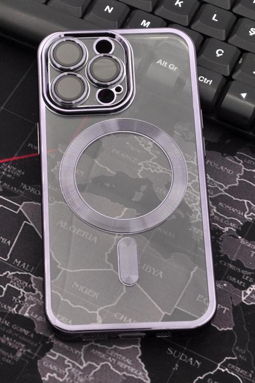 iPhone 14 Pro Uyumlu MagSafe Özellikli Mor Renkli Kenarlı Lazerli Şeffaf Kılıf Lens Korumalı