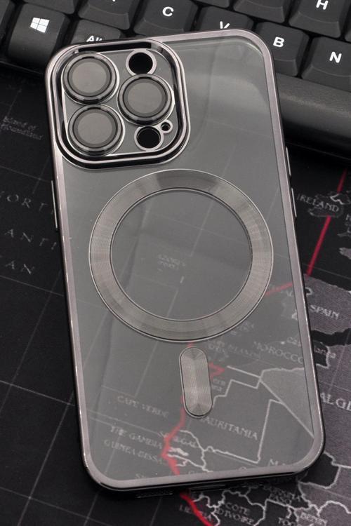 iPhone 14 Pro Uyumlu MagSafe Özellikli Siyah Renkli Kenarlı Lazerli Şeffaf Kılıf Lens Korumalı