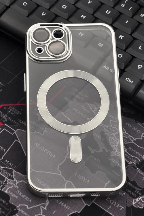 iPhone 14 Uyumlu MagSafe Özellikli Gümüş Gri Silver Renkli Kenarlı Lazerli Şeffaf Kılıf Lens Korumalı