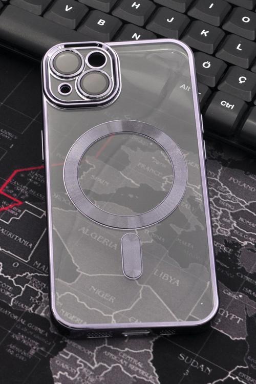 iPhone 14 Uyumlu MagSafe Özellikli Mor Renkli Kenarlı Lazerli Şeffaf Kılıf Lens Korumalı