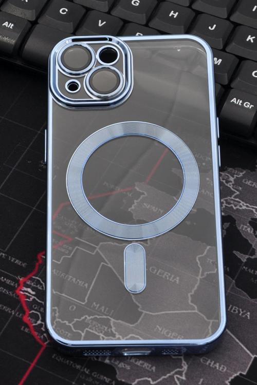 iPhone 14 Uyumlu MagSafe Özellikli Saks Mavi Renkli Kenarlı Lazerli Şeffaf Kılıf Lens Korumalı