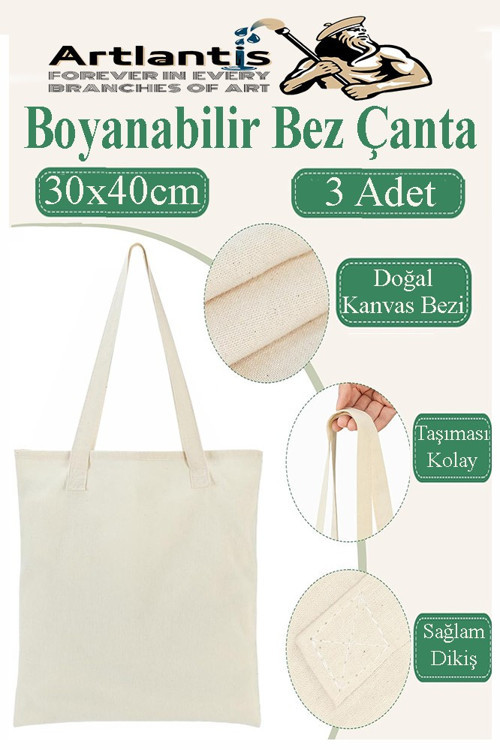 Bez Çanta 30x40cm 3 Adet Boyanabilir Baskısız Bez Çanta Kulplu Ham Bez Çanta Boyama Çantası Etkinlik Okul Kreş