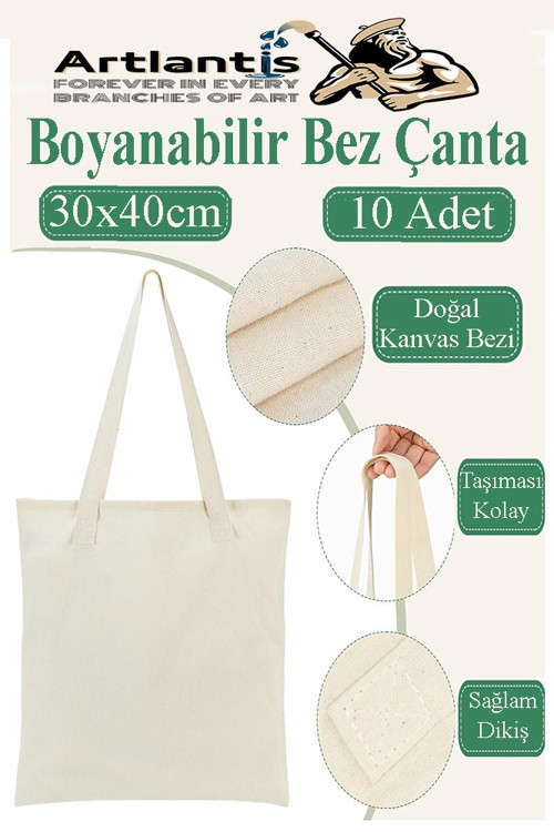 Bez Çanta 30x40cm 10 Adet Boyanabilir Baskısız Bez Çanta Kulplu Ham Bez Çanta Boyama Çantası Etkinlik Okul Kreş