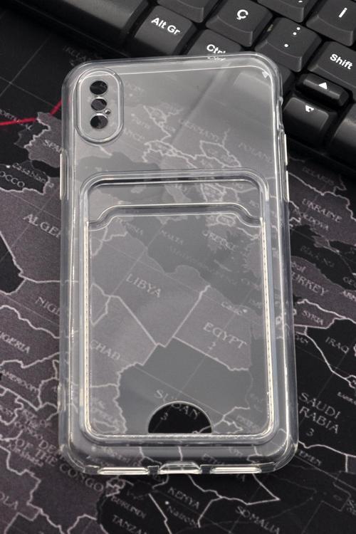 iPhone X Uyumlu Kredi Kartlıklı Şeffaf Kılıf Kamera Korumalı