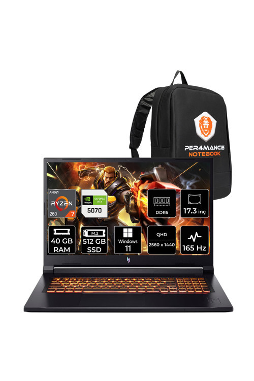 Nitro V17 AI Ryzen 7 260 40GB 512GB SSD RTX5070/8GB 85W 17.3" QHD 165Hz W11H Gaming Laptop