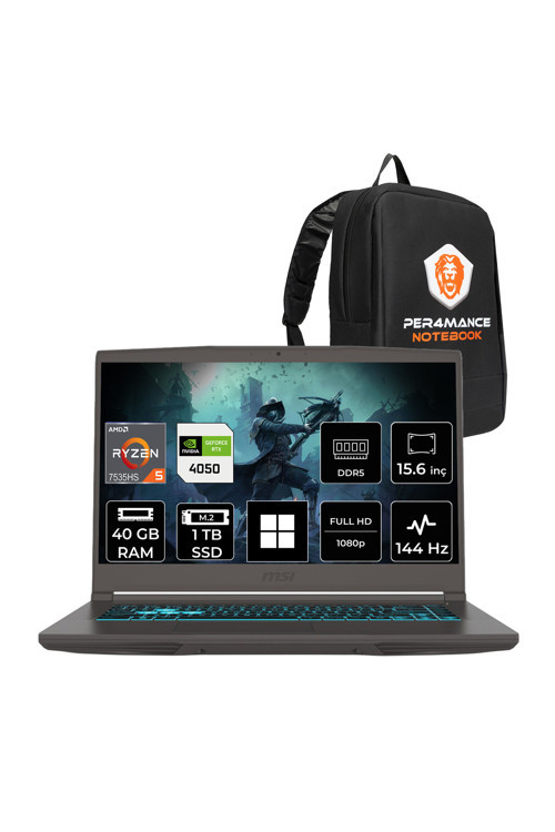 Thin A15 B7VE R5 7535HS 40GB 1TB SSD RTX4050/6GB 15.6" FHD 144Hz W11H Gaming Laptop & PER4 Çanta
