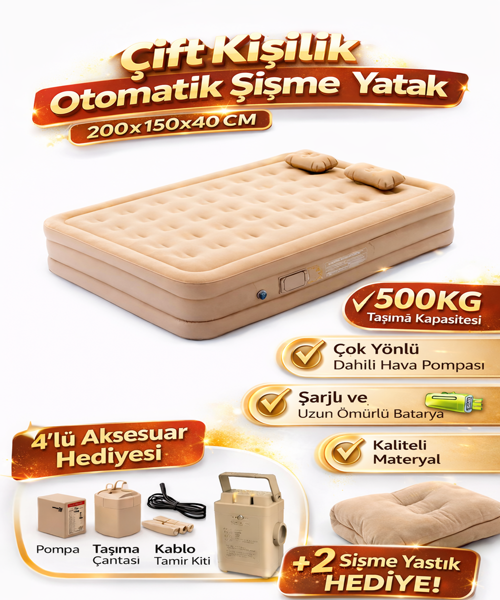 YTK-2 Kendinden Şişen Çift Kişilik Şişme Yatak Hava Pompası Katlanabilir Portatif Misafir Yatağı Seti 