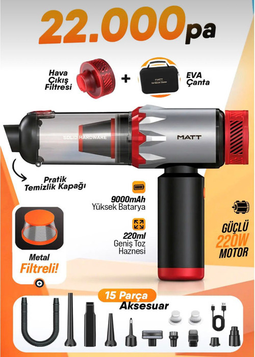 Kablosuz Araç Süpürgesi 220W 22000Pa Güçlü Vakum & Üfleme Özellikli Şarjlı Oto Süpürge MCV22