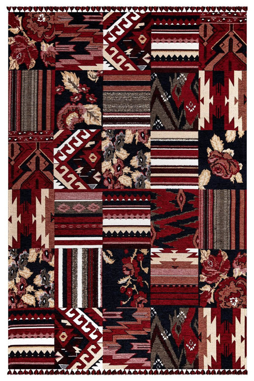 Kırmızı Renkli Afgan Tarzı Altı Kaymaz Yıkanabilir Şönil Kilim