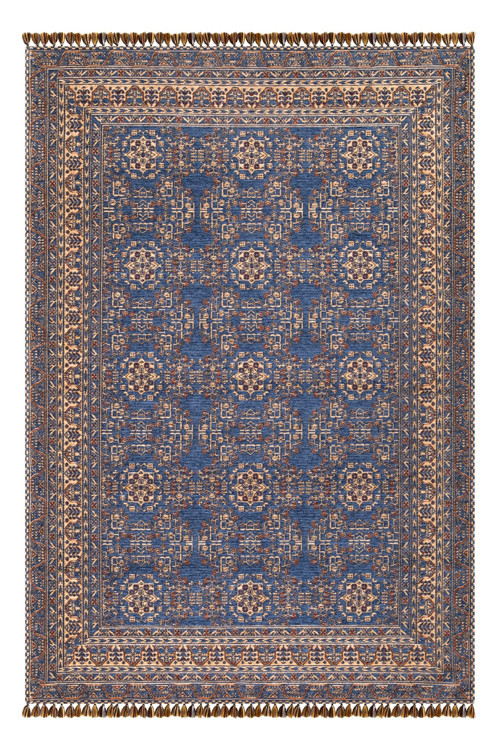 Mavi Renkli Afgan Tarzı Altı Kaymaz Yıkanabilir Şönil Kilim