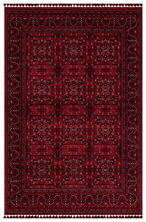Kırmızı Renkli Afgan Tarzı Altı Kaymaz Şönil Kilim