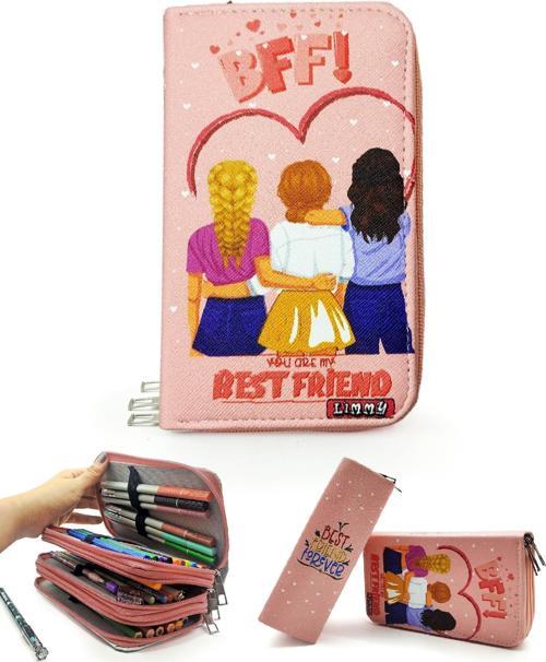 Kalem Kutusu BFF Arkadaş Best Friends Desenli Organizer Kalemkutu Vegan Deri Üç Bölmeli Kalemlik