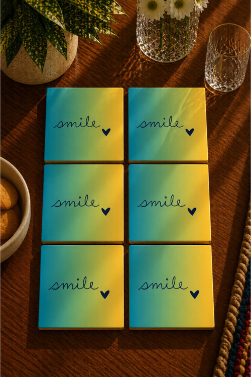 Smile '' Yazılı Modern 6’Lı Set Bardak Altlığı - Uv Baskı Mdf - 10X10 Cm
