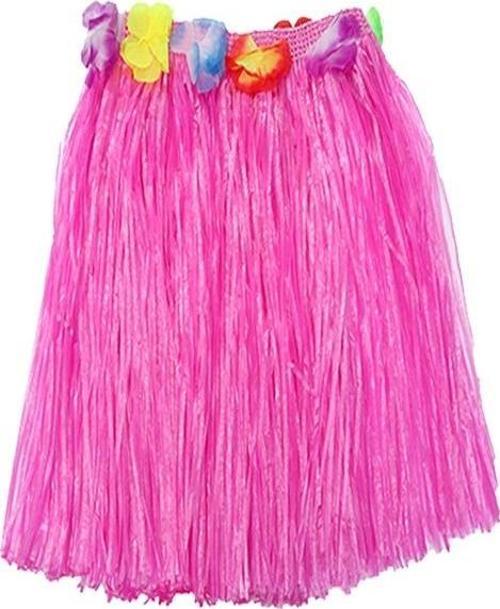 Yetişkin ve Çocuk Uyumlu Pembe Renk Püsküllü Hawaii Luau Hula Etek 40 cm