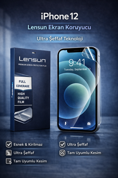 LENSUN iPhone 12 Ultra Şeffaf Ekran Koruyucu Film
