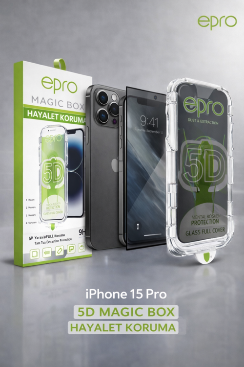 Epro iPhone 15 Pro 5D Magic Box Hayalet Koruma Tam Ekran Cam Ekran Koruyucu