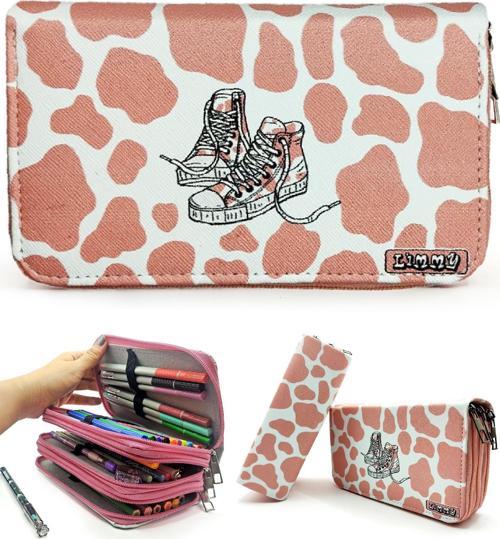 Kalem Kutusu Inek Desenli Kawai Organizer Kalemkutu Vegan Deri Üç Bölmeli Kalemlik -Nude(Pembe)