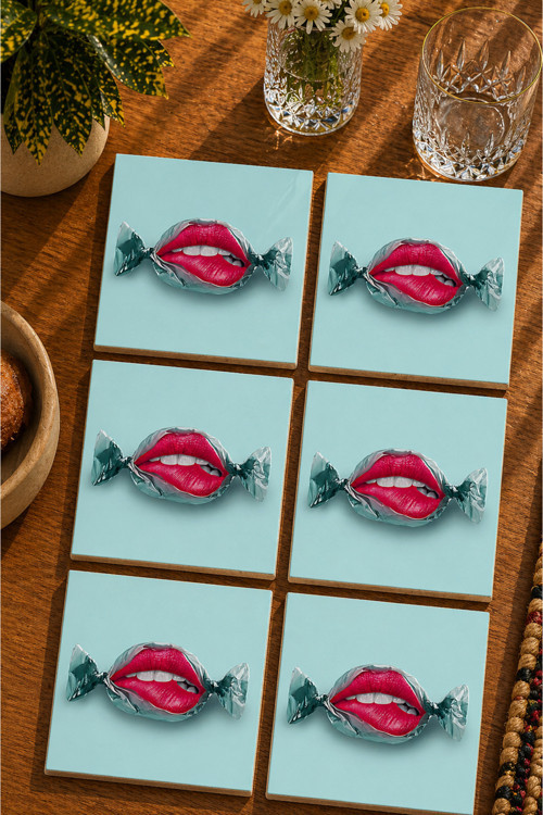 Şeker Dudak 6’Lı Set Bardak Altlığı - Uv Baskı Mdf - 10X10 Cm