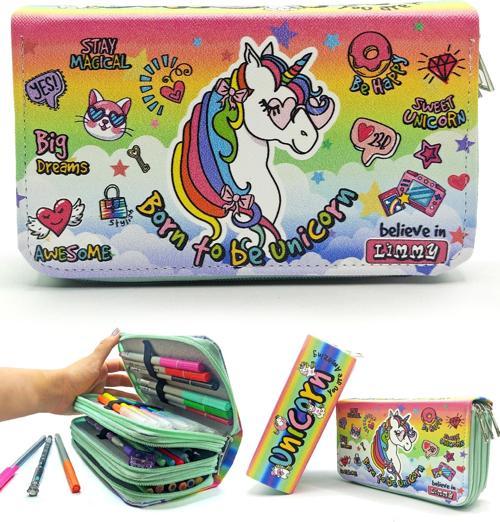 Kalem Kutusu Unicorn Cool Tarz Kawai Organizer Kalemkutu Vegan Deri Üç Bölmeli Kalemlik - Yeşil