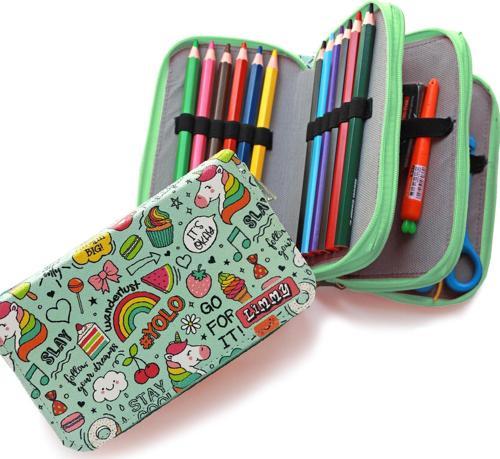 Kalem Kutusu Unicorn gökkuşağı Yeşil Kawai Organizer Kalemkutu  Vegan Deri Üç Bölmeli Kalemlik