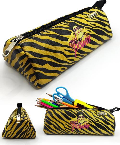 Kalem Kutusu Zebra Desenli Üçgen Kalemkutu Jumbo Vegan Deri Kalemlik - SiyahSarı