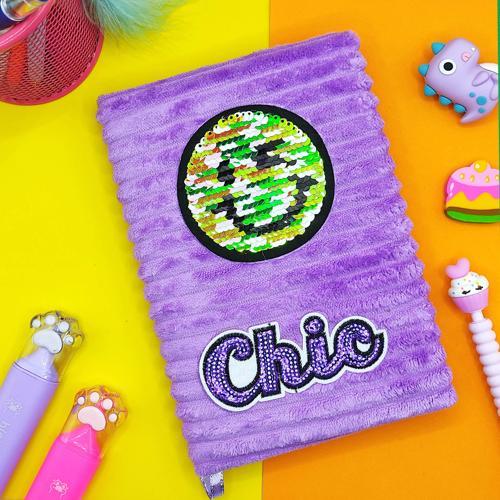 Peluş Pullu Not Defteri (20X13 cm) , 60 Yaprak, Gülenyüz - Mor