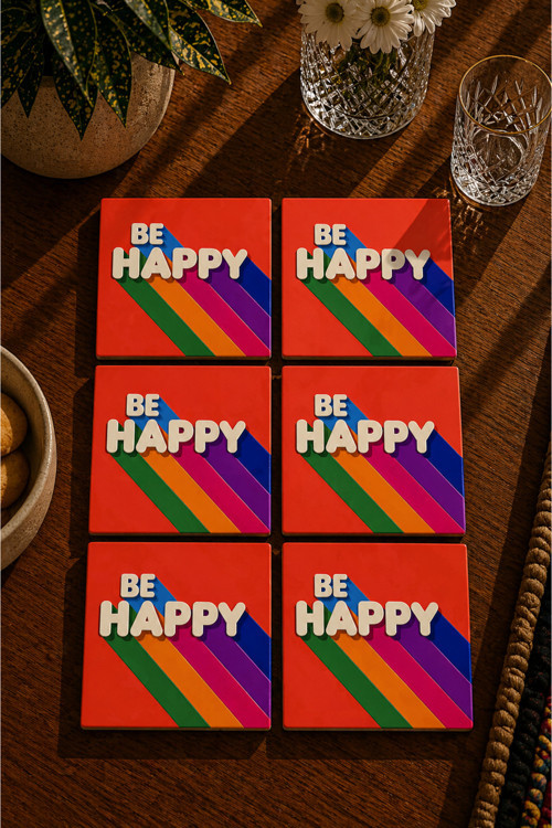 Modern Yazılı Tasarım - Be Happy 6’Lı Set Bardak Altlığı - Uv Baskı Mdf - 10X10 Cm