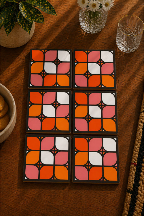 Soyut - Geometrik Temalı 6’Lı Set Bardak Altlığı - Uv Baskı Mdf - 10X10 Cm