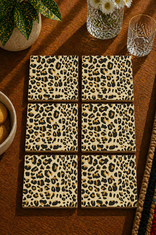 Leopar Desenli 6’Lı Set Bardak Altlığı - Uv Baskı Mdf - 10X10 Cm