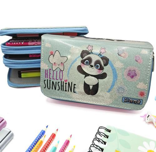 Simli Işıltılı Panda Kalem Kutusu Vegan Deri Kalemkutu Üç Bölmeli Kalemlik - Mavi