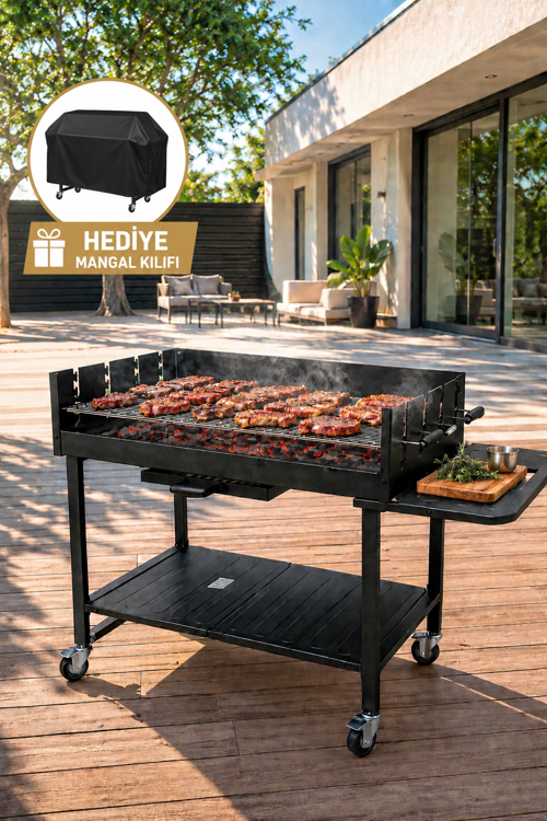 Pro Lüks Dev Kömürlü Mangal Barbekü Arabası Hediye Koruyucu Örtü 137 x 68 x 94 cm