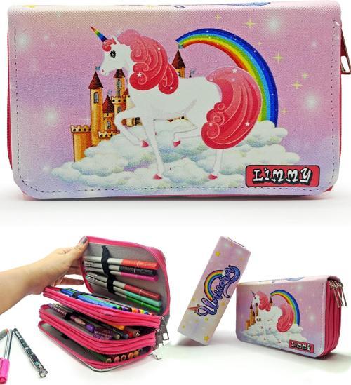Unicorn Ülkesi Temalı Modelist Kalem Kutusu Kalemkutu Vegan Deri Üç Bölmeli Kalemlik