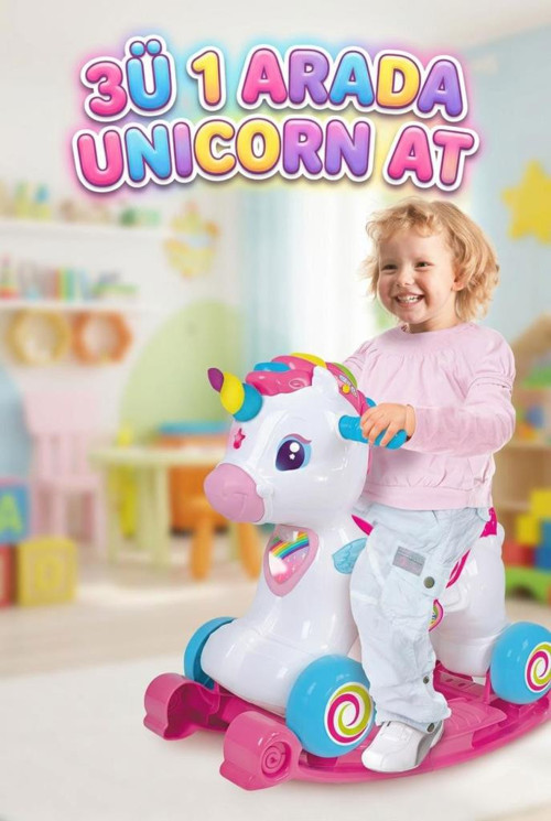 Clementoni İnteraktif 3'ü 1 Arada Unicorn! Sesli Işıklı Sallanabilir Sürülebilir Eğitici Oyuncak At
