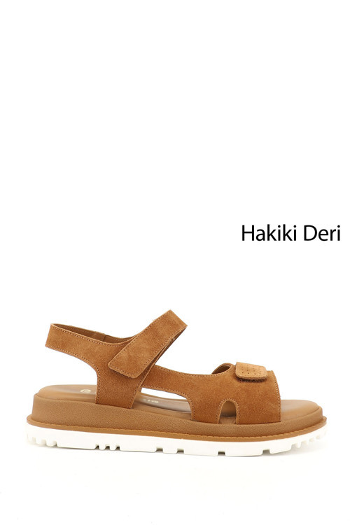 Kadın Taba Süet Cırt Bantlı Hakiki Deri Sandalet