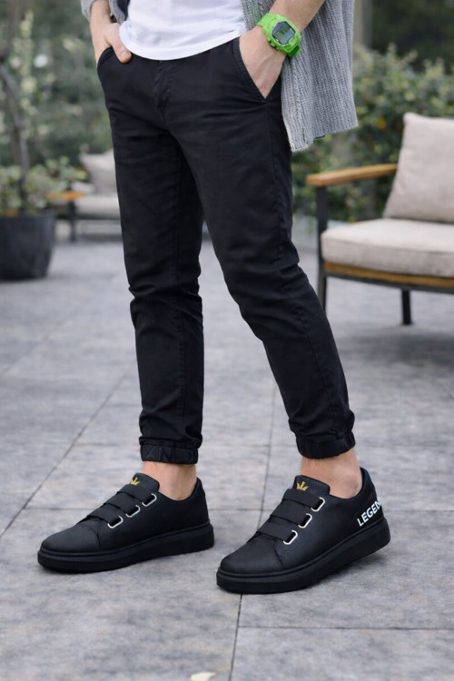 Onom Bağcıksız 3 Bantlı Lastikli Legend Cilt Erkek Günlük Sneaker Ayakkabı CST - Siyah