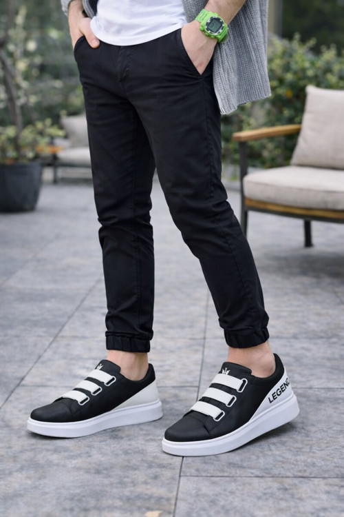 Onom Bağcıksız 3 Bantlı Lastikli Legend Cilt Erkek Günlük Sneaker Ayakkabı CBT - Siyah/Beyaz