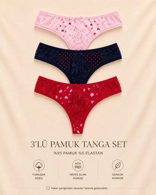 Intive Comfort Desenli Dantel Detaylı Lacivert/Pembe/Kırmızı 3'lü Tanga/Brazilian Set