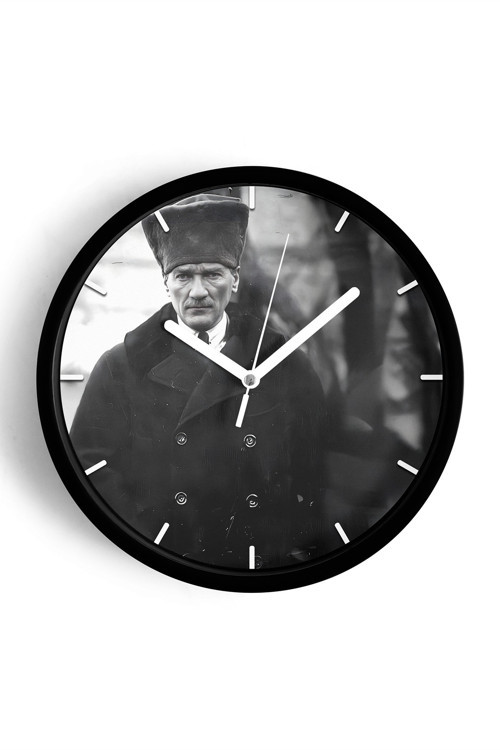 Atatürk Temalı Dekoratif Modern Duvar Saati - 35 Cm - Önü Camlı Siyah Kasa - Sessiz Mekanizma