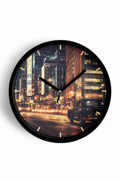 Klasik Araba Ve Gece Şehir Modern Duvar Saati - 30Cm - Önü Camlı Siyah Kasa - Sessiz Mekanizma