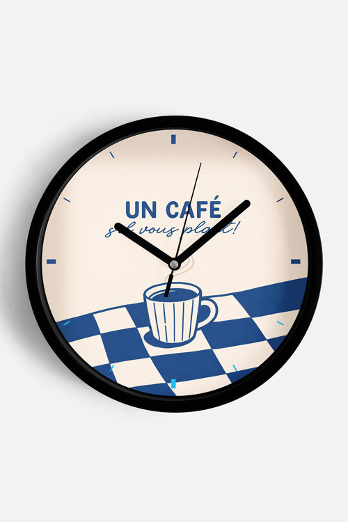 Modern Yazılı Tasarım - '' Un Cafê '' Mutfak Duvar Saati - 35Cm - Önü Camlı Siyah Kasa