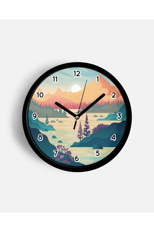Soyut - Bohem - Doğa - Deniz Manzaralı Modern Duvar Saati - 25Cm - Önü Camlı Siyah Kasa
