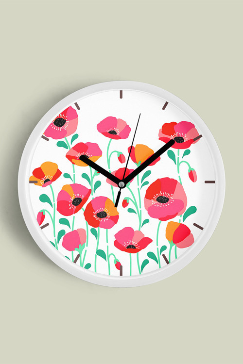 Soyut - Minimal - Vintage - Bohem - Renkli Çiçek Temalı Modern Duvar Saati - 35Cm - Önü Camlı Beyaz