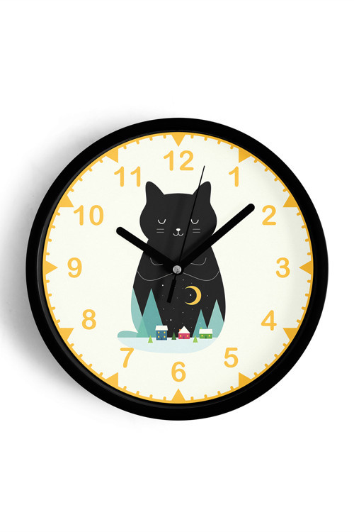 Sevimli Kedi Temalı Modern Duvar Saati - 25Cm - Önü Camlı Siyah Kasa - Sessiz Mekanizma